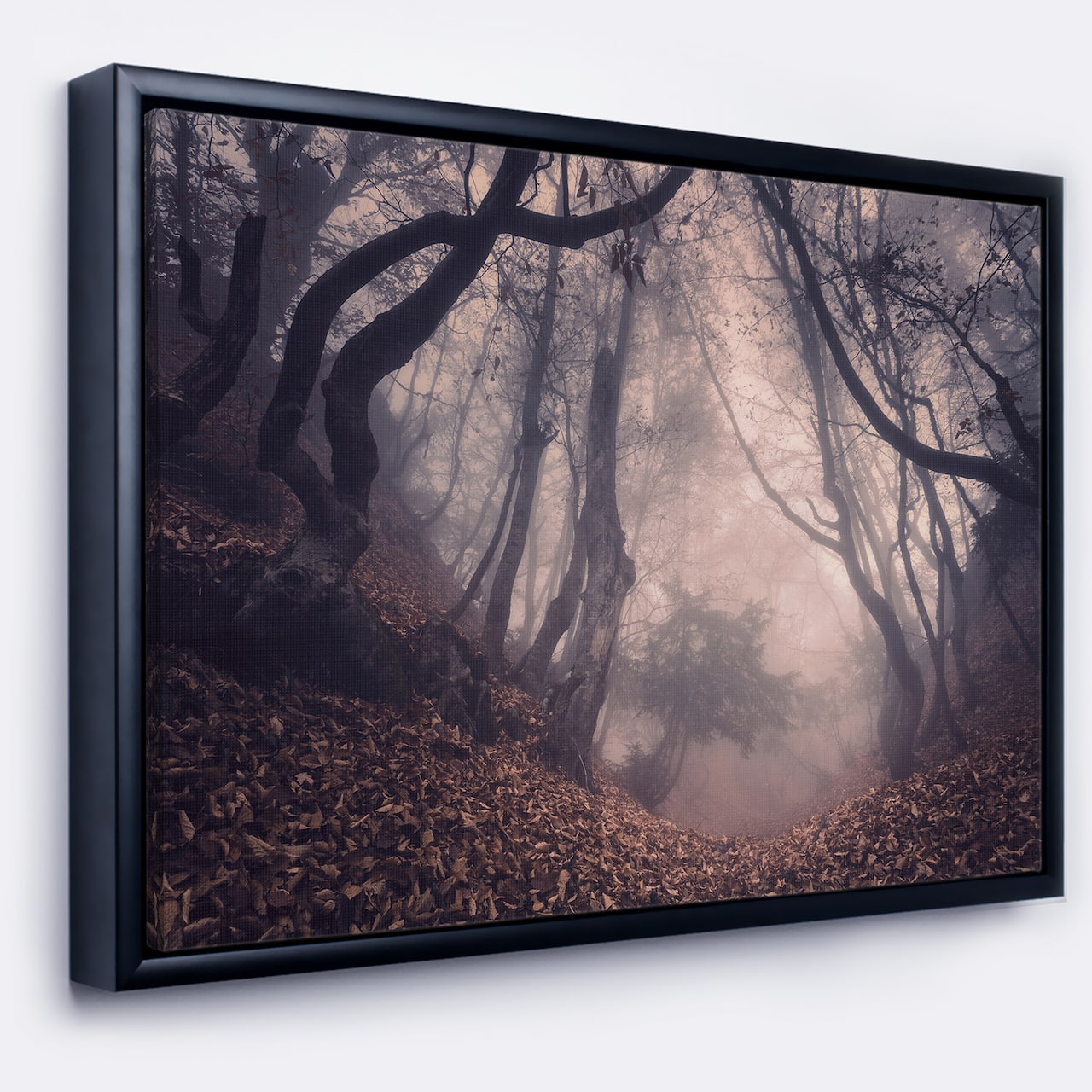 Designart - Vintage Foggy Forest Trees - Landscape Photography Canvas Print in Black Frame